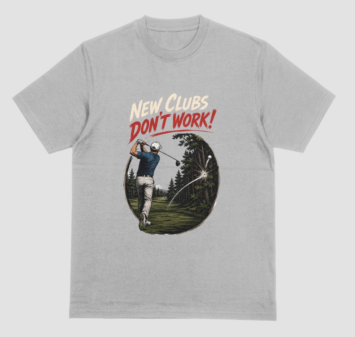 Grey — "New Clubs Don't Work golf t-shirt in grey with funny golfer graphic"