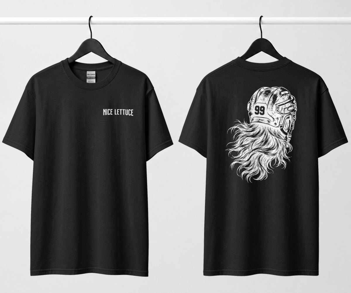 Black hockey tee, front and back: small 'Nice Lettuce' chest text, large white illustration of a helmet with flowing hair.