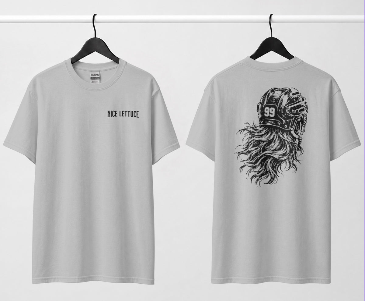 A grey hockey tee, front and back: small 'Nice Lettuce' chest text, large black illustration of a helmet with flowing hair.
