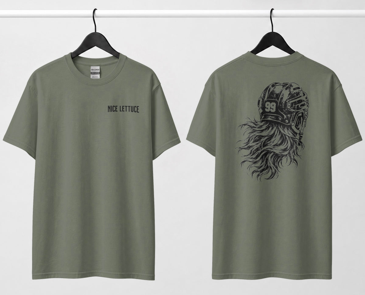 A military green hockey tee, front and back: small 'Nice Lettuce' chest text, large black illustration of a helmet with flowing hair.
