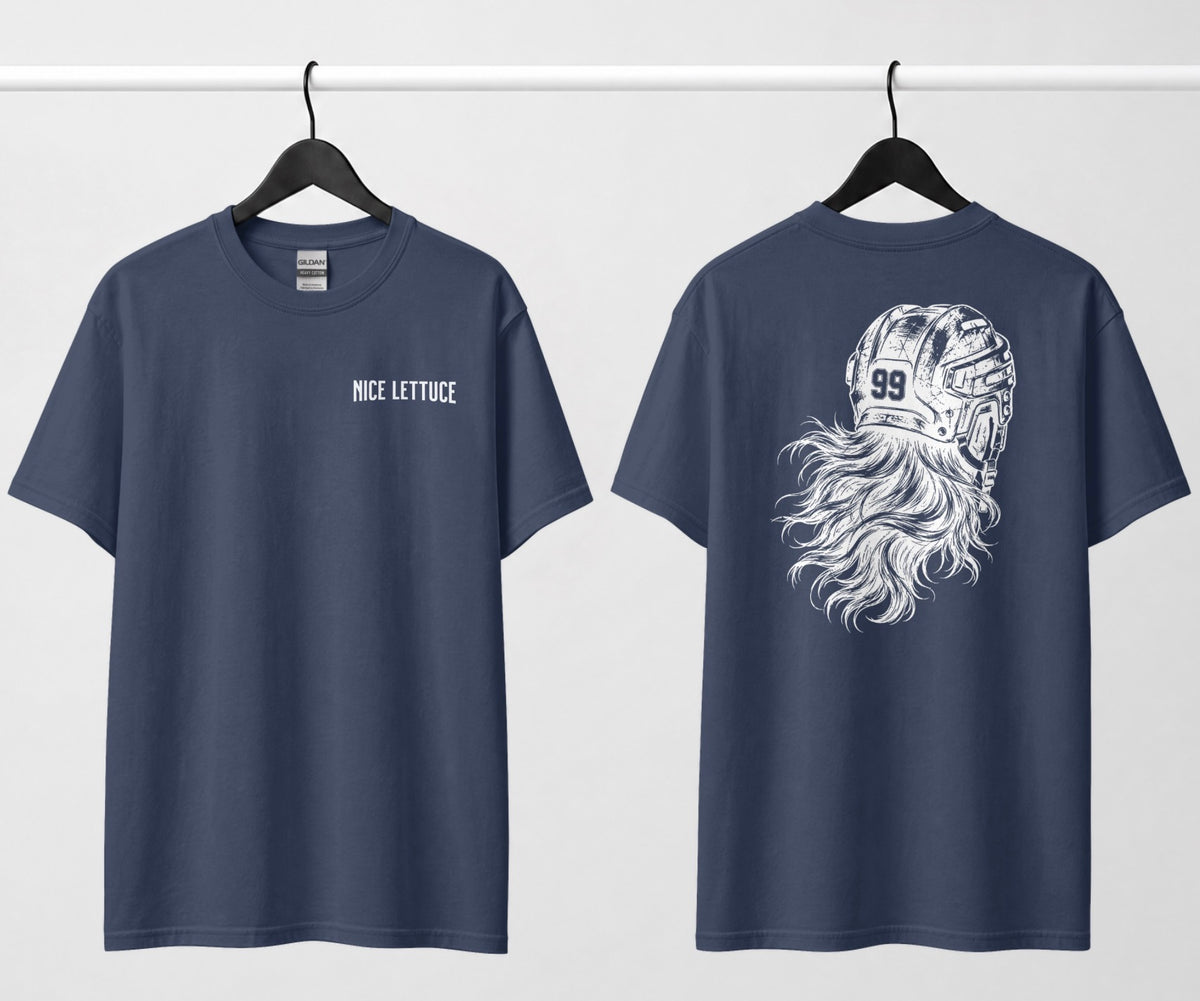 A navy blue hockey tee, front and back: small 'Nice Lettuce' chest text, large white illustration of a helmet with flowing hair.