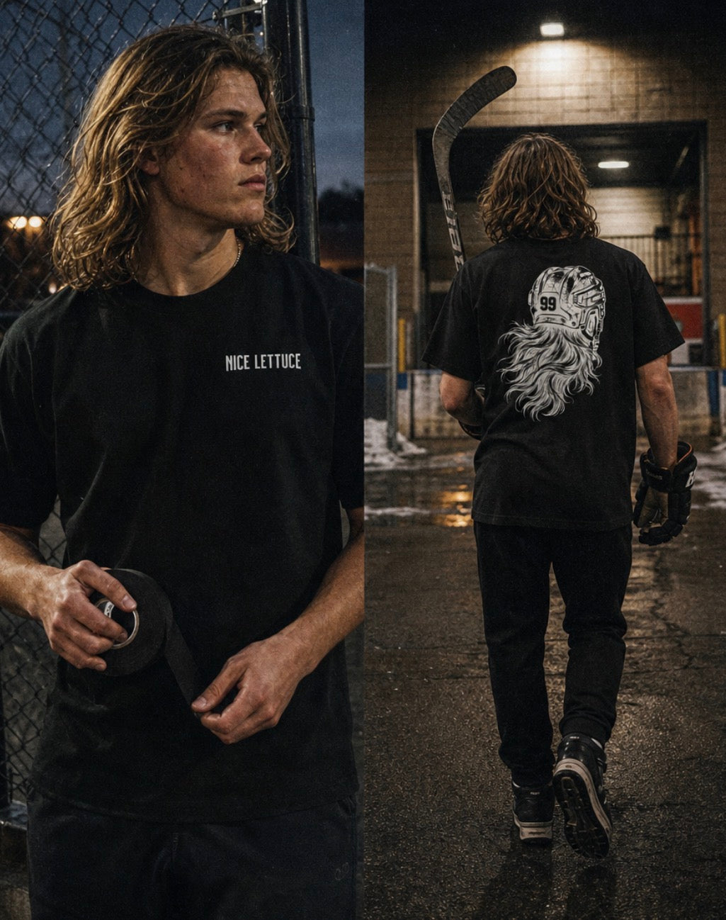Young hockey player outside a rink at dusk in a black tee: 'Nice Lettuce' on the chest, helmet-and-long-hair graphic on back.
