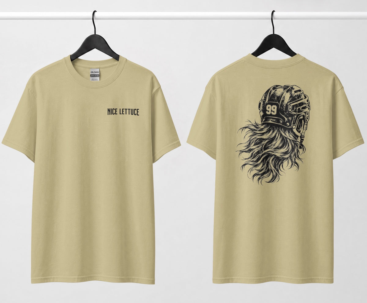 A sand color hockey tee, front and back: small 'Nice Lettuce' chest text, large black illustration of a helmet with flowing hair.