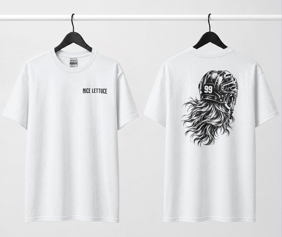 A white hockey tee, front and back: small 'Nice Lettuce' chest text, large black illustration of a helmet with flowing hair.