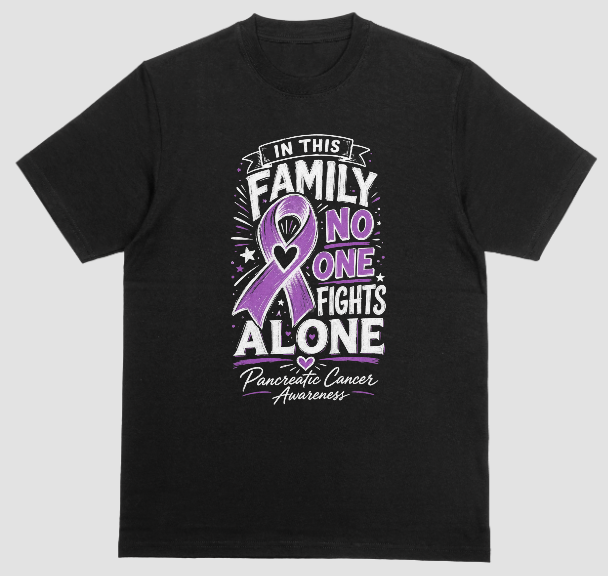 A black crewneck t-shirt featuring a graphic design for Pancreatic Cancer Awareness. The design includes a purple ribbon with a heart in the center, surrounded by the text 'IN THIS FAMILY NO ONE FIGHTS ALONE' in black and purple, with 'Pancreatic Cancer Awareness' written at the bottom.