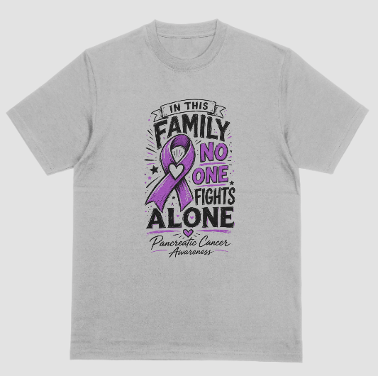 A grey crewneck t-shirt featuring a graphic design for Pancreatic Cancer Awareness. The design includes a purple ribbon with a heart in the center, surrounded by the text 'IN THIS FAMILY NO ONE FIGHTS ALONE' in black and purple, with 'Pancreatic Cancer Awareness' written at the bottom.