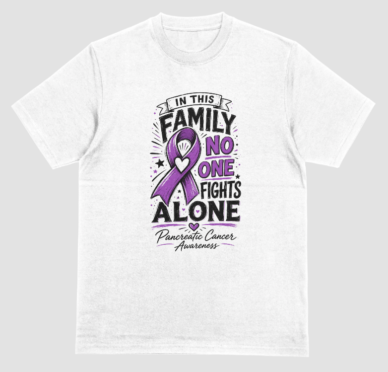 A white crewneck t-shirt featuring a graphic design for Pancreatic Cancer Awareness. The design includes a purple ribbon with a heart in the center, surrounded by the text 'IN THIS FAMILY NO ONE FIGHTS ALONE' in black and purple, with 'Pancreatic Cancer Awareness' written at the bottom.