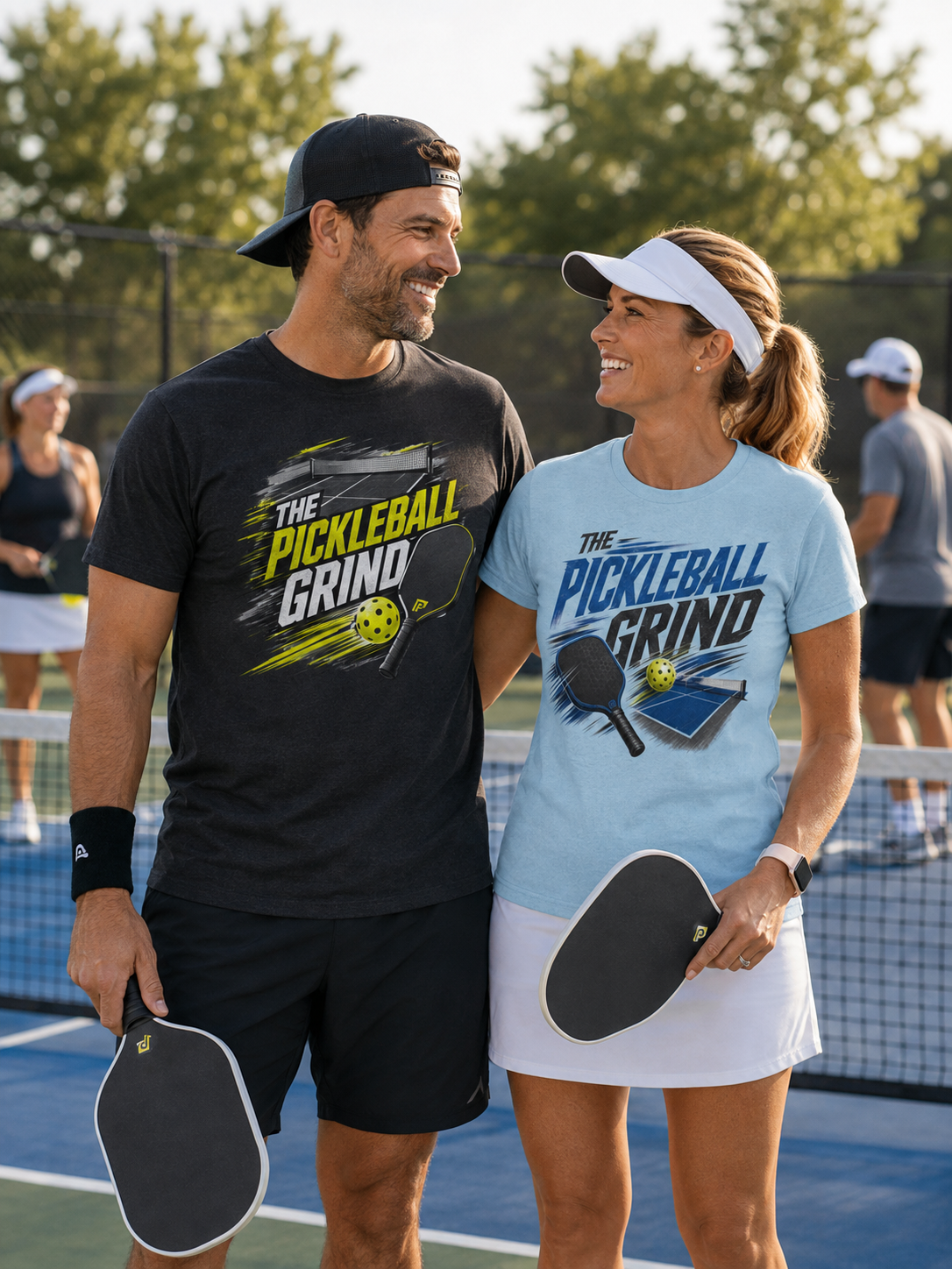 A man and a woman on a pickleball court wearing different graphic t-shirts that read 'THE PICKLEBALL GRIND' with paddle graphics. The man wears a black shirt and black shorts, and the woman wears a light blue shirt and white skirt.