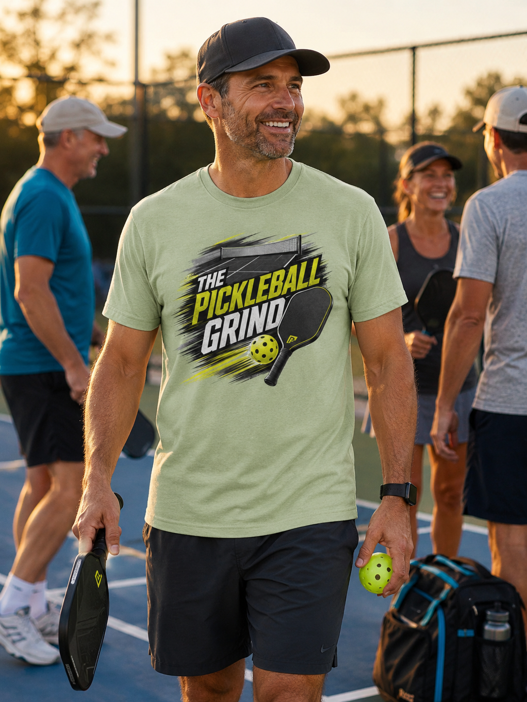 A man on a pickleball court wearing a pistachio green graphic t-shirt that reads 'THE PICKLEBALL GRIND' with a paddle and ball illustration. He is holding a pickleball paddle and a pickleball.