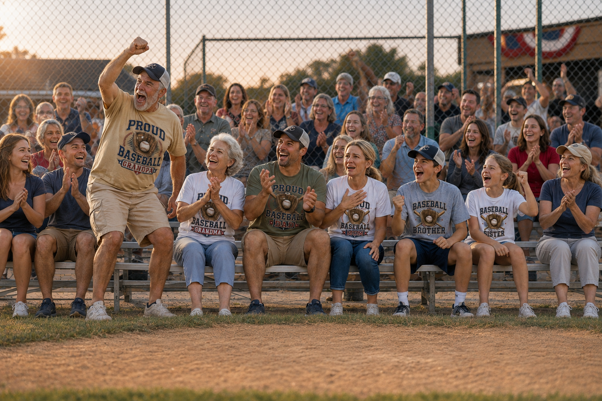 A multigenerational baseball family including Grandpa, Grandma, Dad, Mom, Sister, and Brother cheering together at a youth baseball game at sunset.