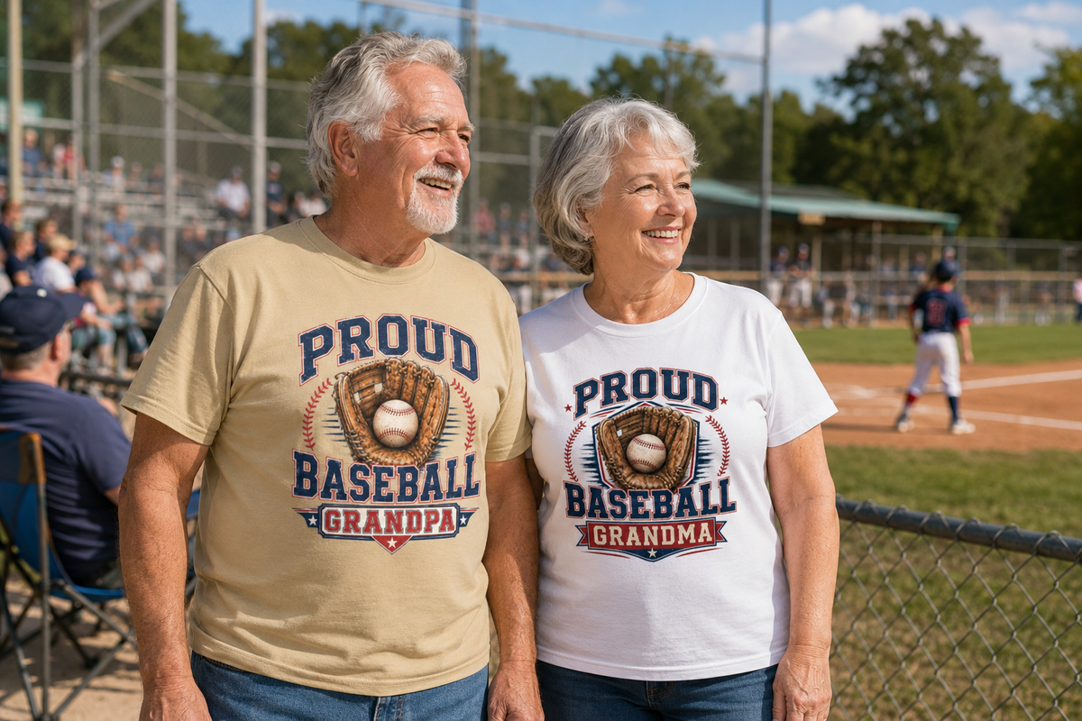 An older man and woman standing together at a baseball field, wearing matching graphic t-shirts that read 'PROUD BASEBALL GRANDPA' and 'PROUD BASEBALL GRANDMA' with a baseball glove and ball graphic.