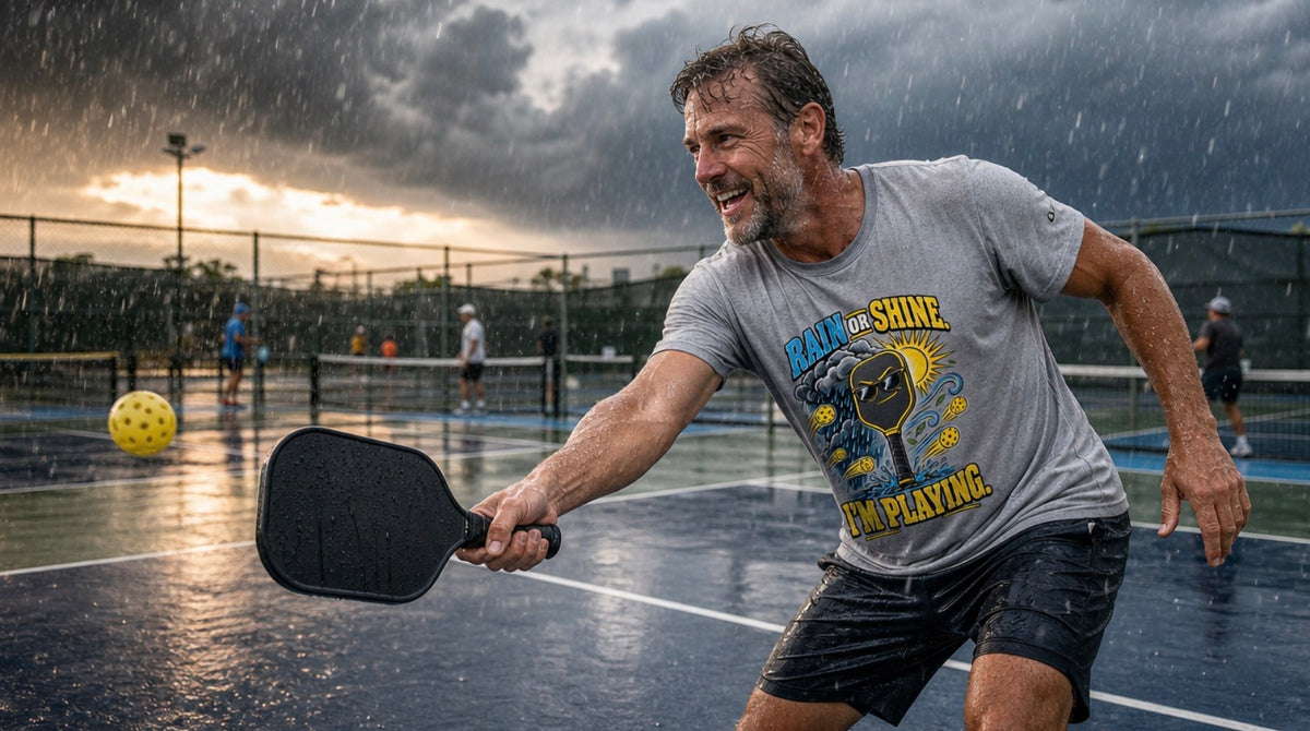 A man on pickleball court playing in the rain wearing Funny pickleball shirt with a sunglasses paddle, storm cloud and sun that says Rain or Shine, I’m Playing