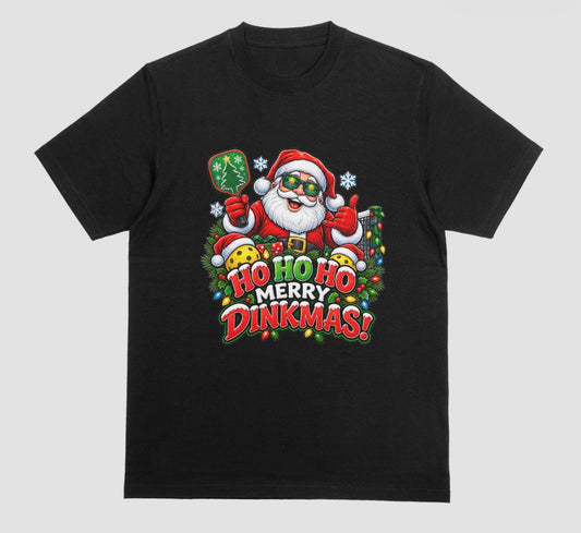 Black “Ho Ho Ho Merry Dinkmas” Christmas pickleball t-shirt with Santa holding a paddle