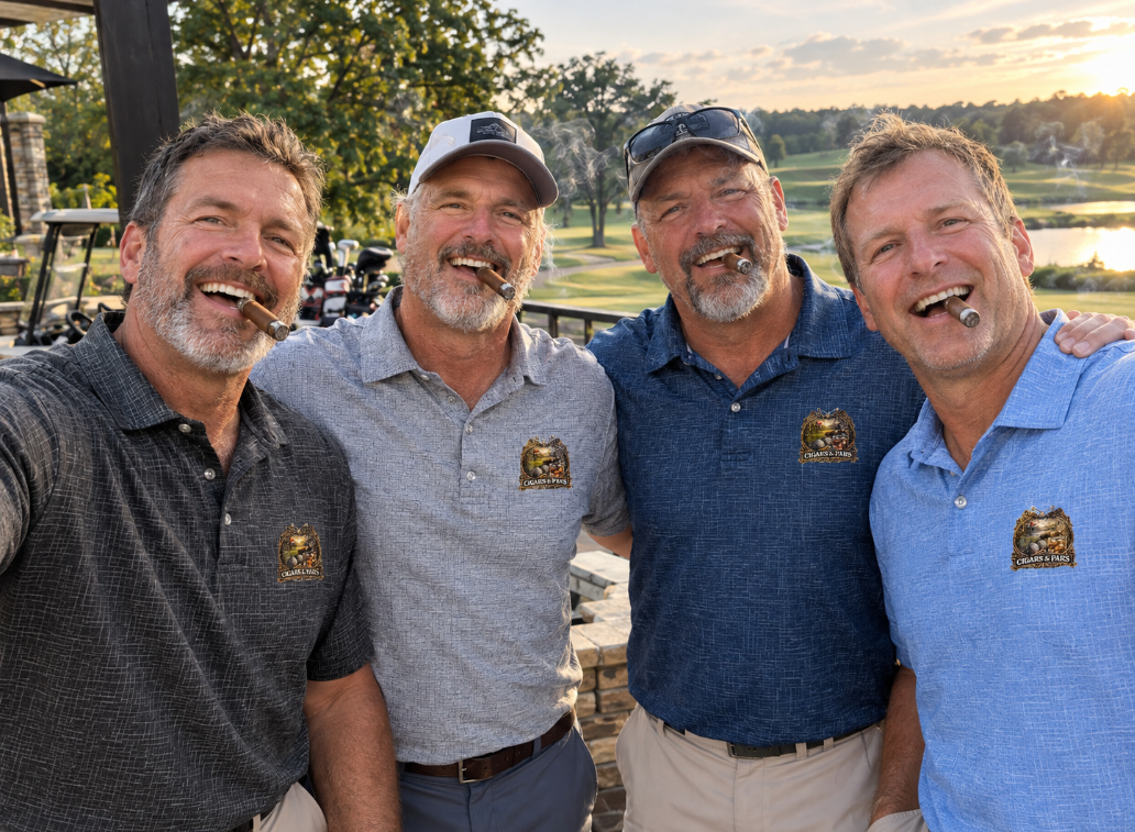 "Selfie-style photo of four smiling men on a golf course patio at sunset, each holding a cigar and wearing a crosshatch-textured 'Cigars & Pars' crest-logo premium performance polo shirts in a different color — dark grey, cool gray, navy, and blue sky, with a golf course and pond visible in the background."