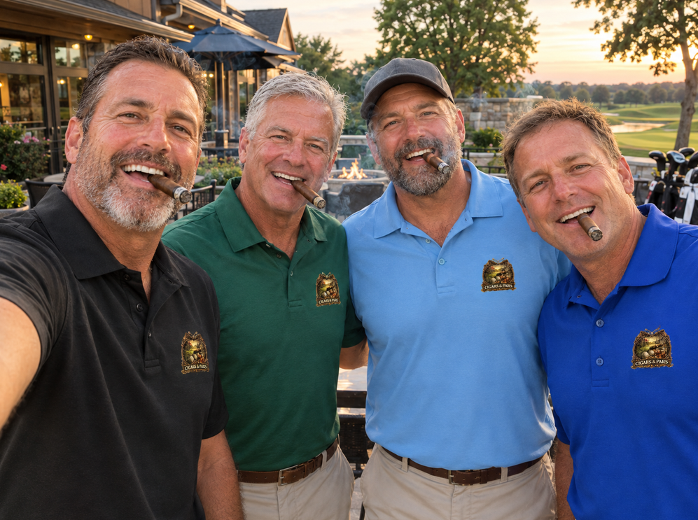 "Selfie-style photo of four smiling men on a golf course clubhouse patio at sunset, each holding a cigar and wearing a 'Cigars & Pars' crest-logo performance polo shirt in a different color — black, green, light blue, and royal blue."