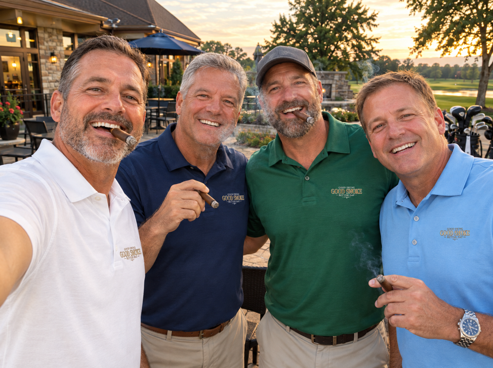 "Selfie-style photo of four smiling men on a golf course clubhouse patio at sunset, each holding a cigar and wearing a 'Good Swing, Good Smoke, Better Day' performance polo in a different color — white, navy, green, and light blue."