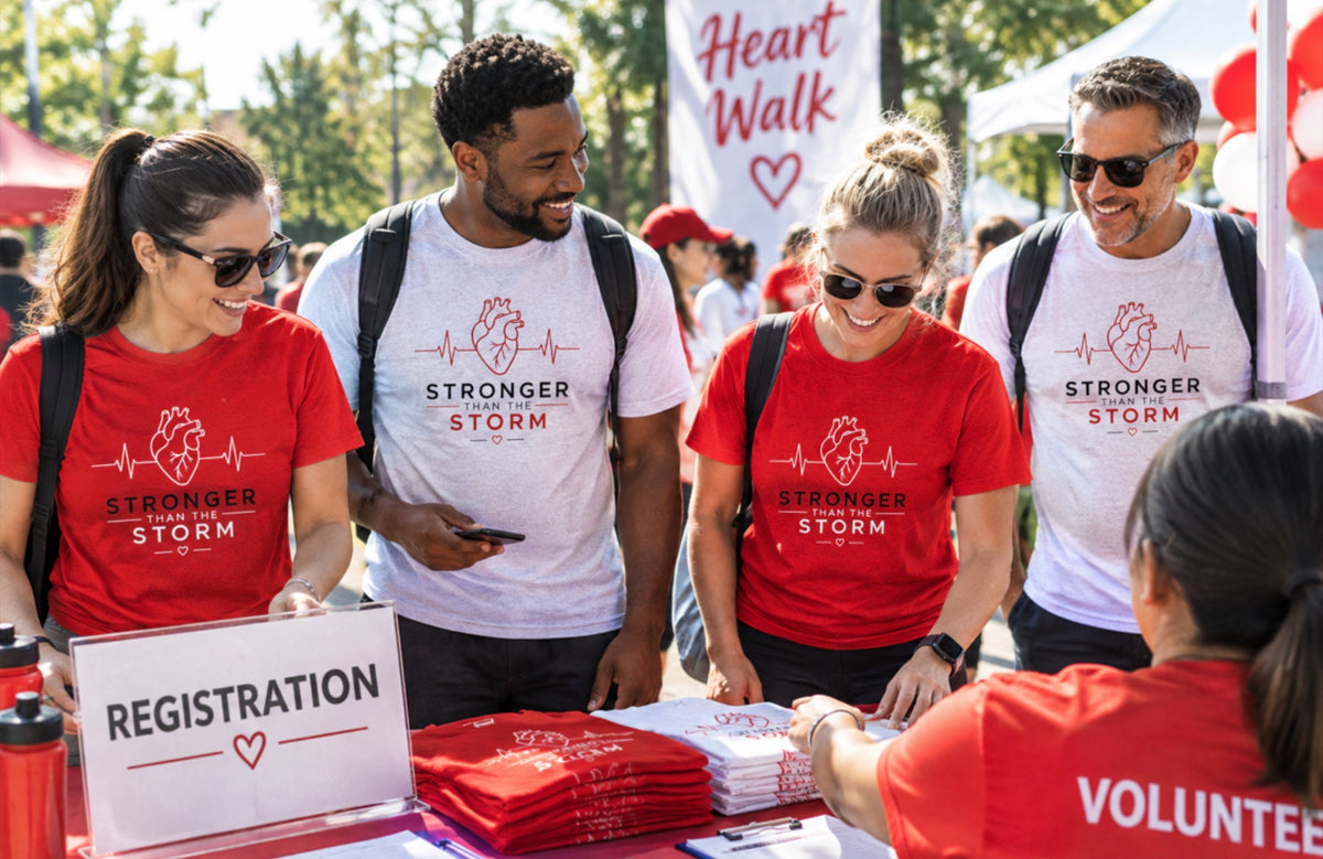 Group of Volunteers and Walkers Wearing Red and White 'Stronger Than the Storm' Heart Disease Awareness T-Shirts at Heart Walk Registration Table