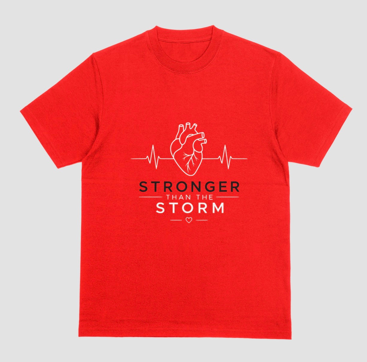 Heart Disease Survivor T-Shirt, Red Unisex Tee with Anatomical Heart, EKG Heartbeat Line, and 'Stronger Than the Storm' Motivational Quote