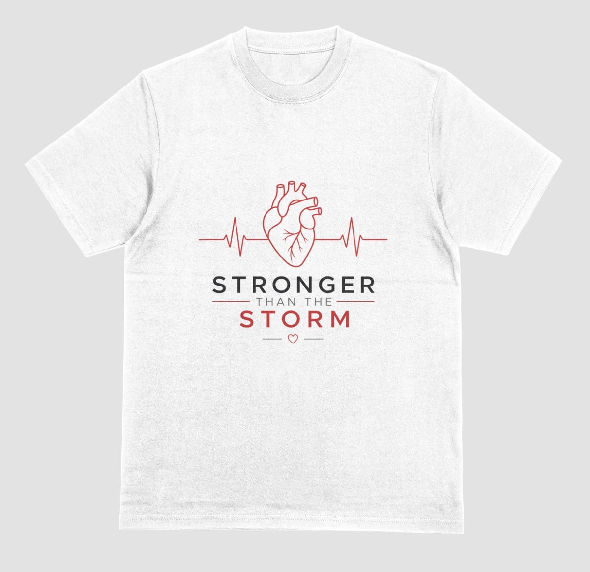 Heart Disease Survivor T-Shirt, White Unisex Tee with Anatomical Heart, EKG Heartbeat Line, and 'Stronger Than the Storm' Motivational Quote