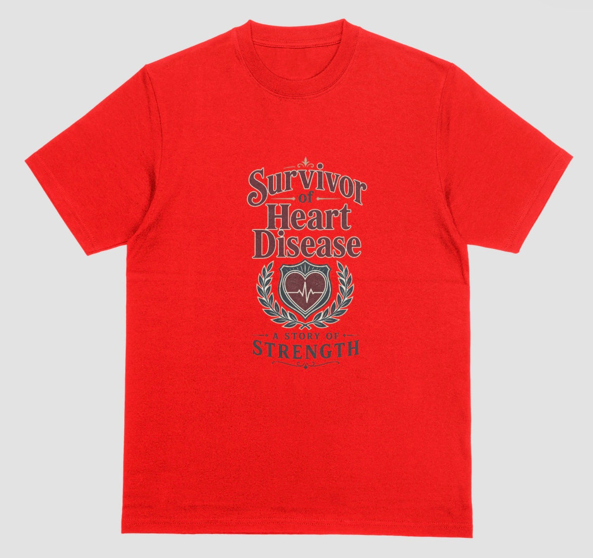 A Heart Disease Survivor T-Shirt, Red Unisex Crewneck Tee with Vintage Heart Emblem, 'A Story of Strength' Heart Health Awareness Gift Shirt