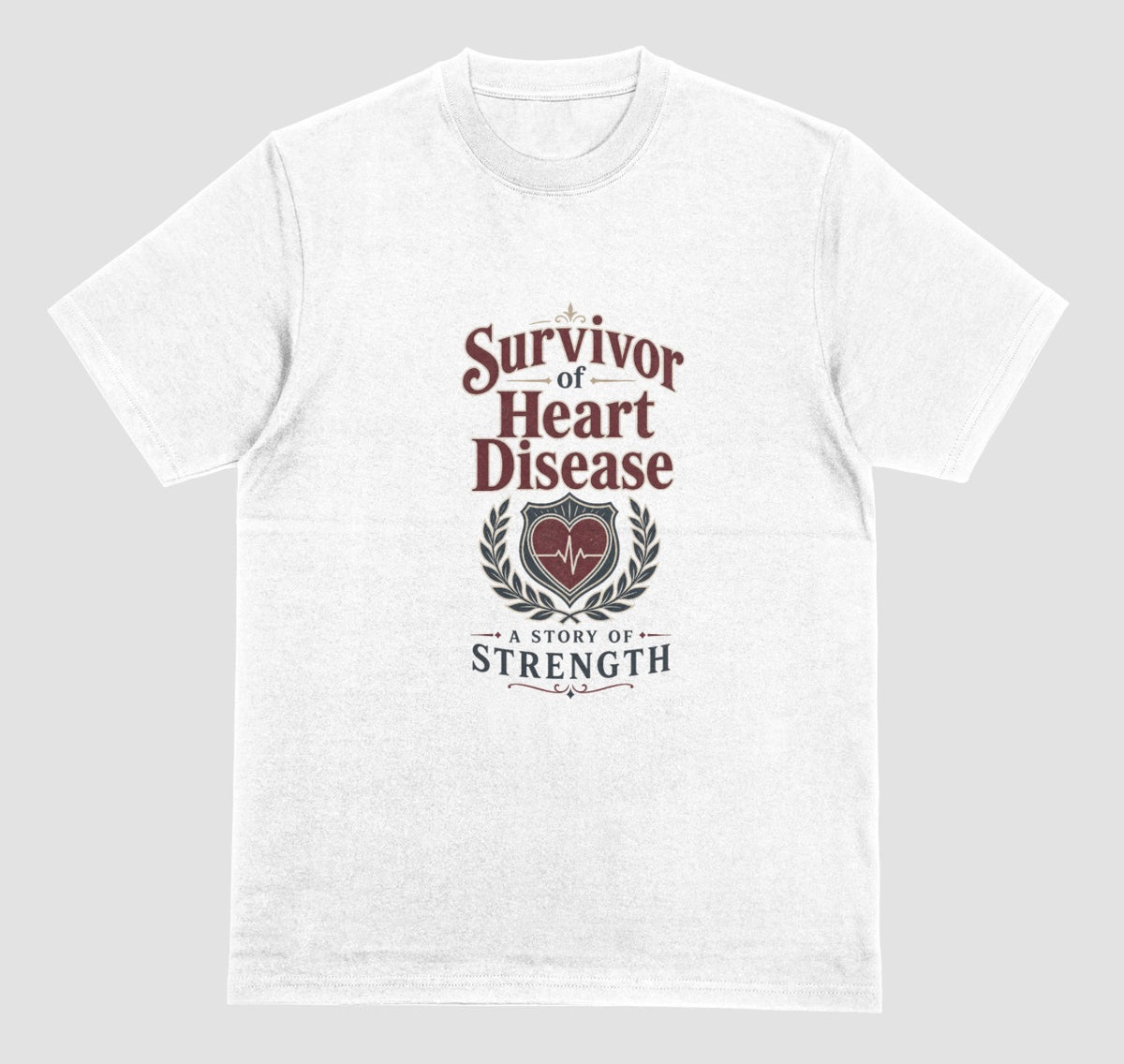 A Heart Disease Survivor T-Shirt, White Unisex Crewneck Tee with Vintage Heart Emblem, 'A Story of Strength' Heart Health Awareness Gift Shirt
