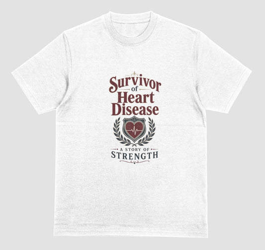 A Heart Disease Survivor T-Shirt, White Unisex Crewneck Tee with Vintage Heart Emblem, 'A Story of Strength' Heart Health Awareness Gift Shirt