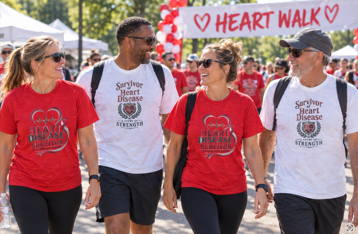 Four people walking outdoors at a heart walk event, wearing red and white t-shirts with 'Survivor Heart Disease Strength' printed on the front, under a banner that reads 'Heart Walk'.