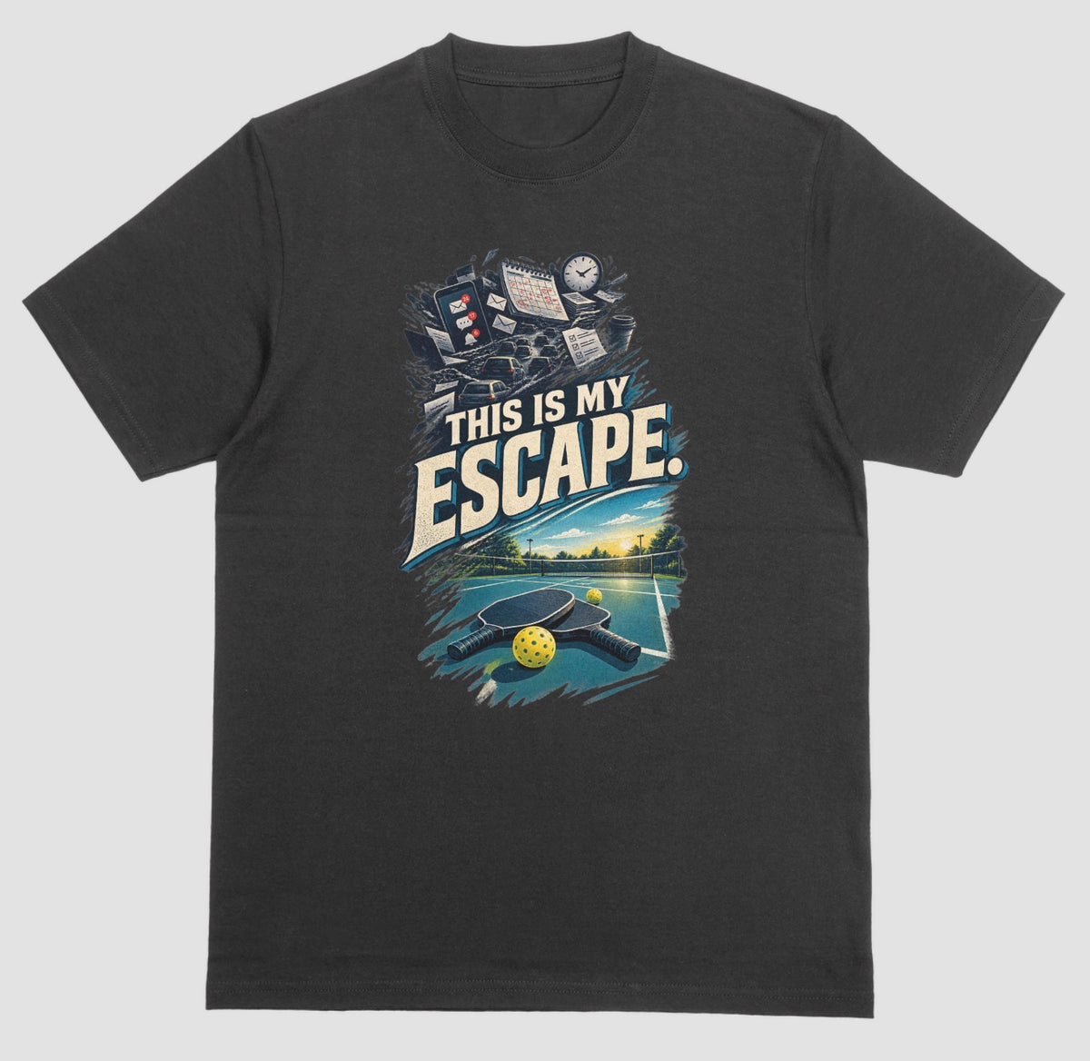 A black Pickleball lover shirt with a desk and Pickleball Paddle design that says This Is My Escape