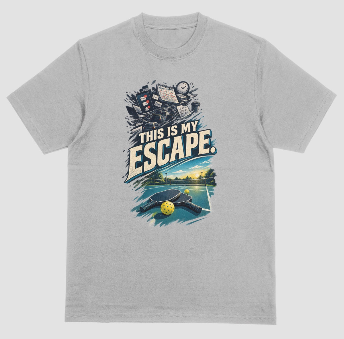 A grey Pickleball lover shirt with a desk and Pickleball Paddle design that says This Is My Escape