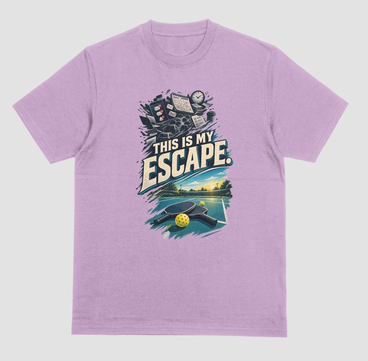 A lilac Pickleball lover shirt with a desk and Pickleball Paddle design that says This Is My Escape