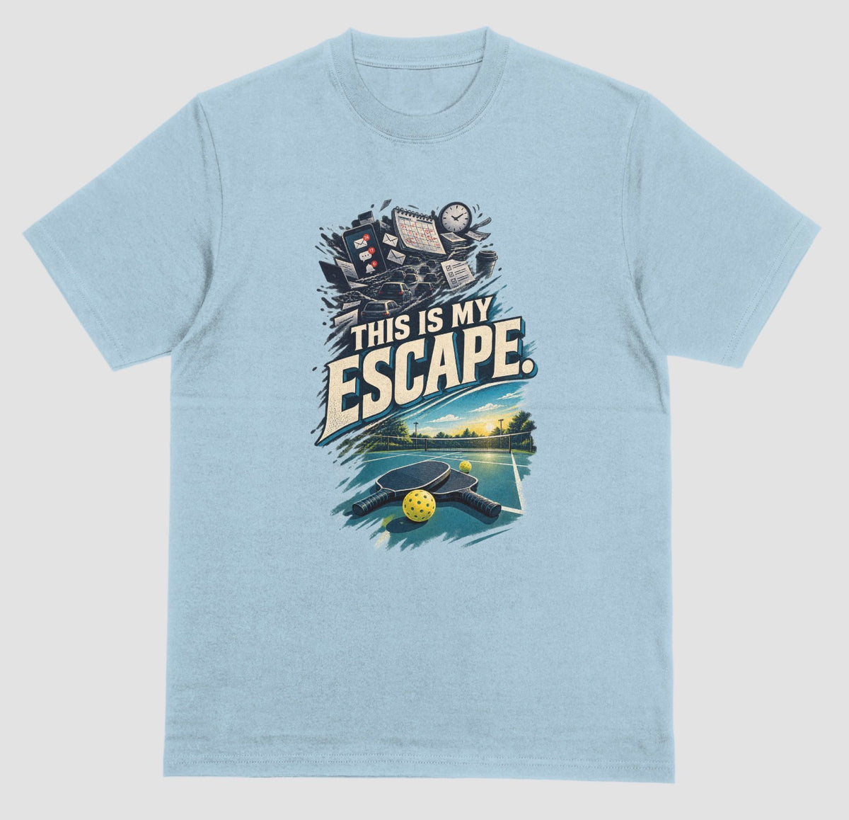 A light blue Pickleball lover shirt with a desk and Pickleball Paddle design that says This Is My Escape