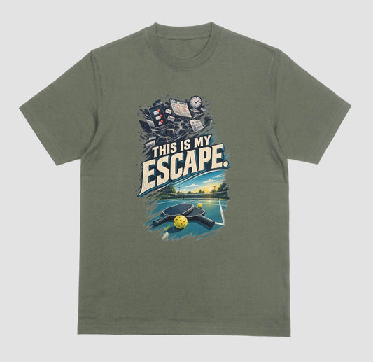 A Military green Pickleball lover shirt with a desk and Pickleball Paddle design that says This Is My Escape