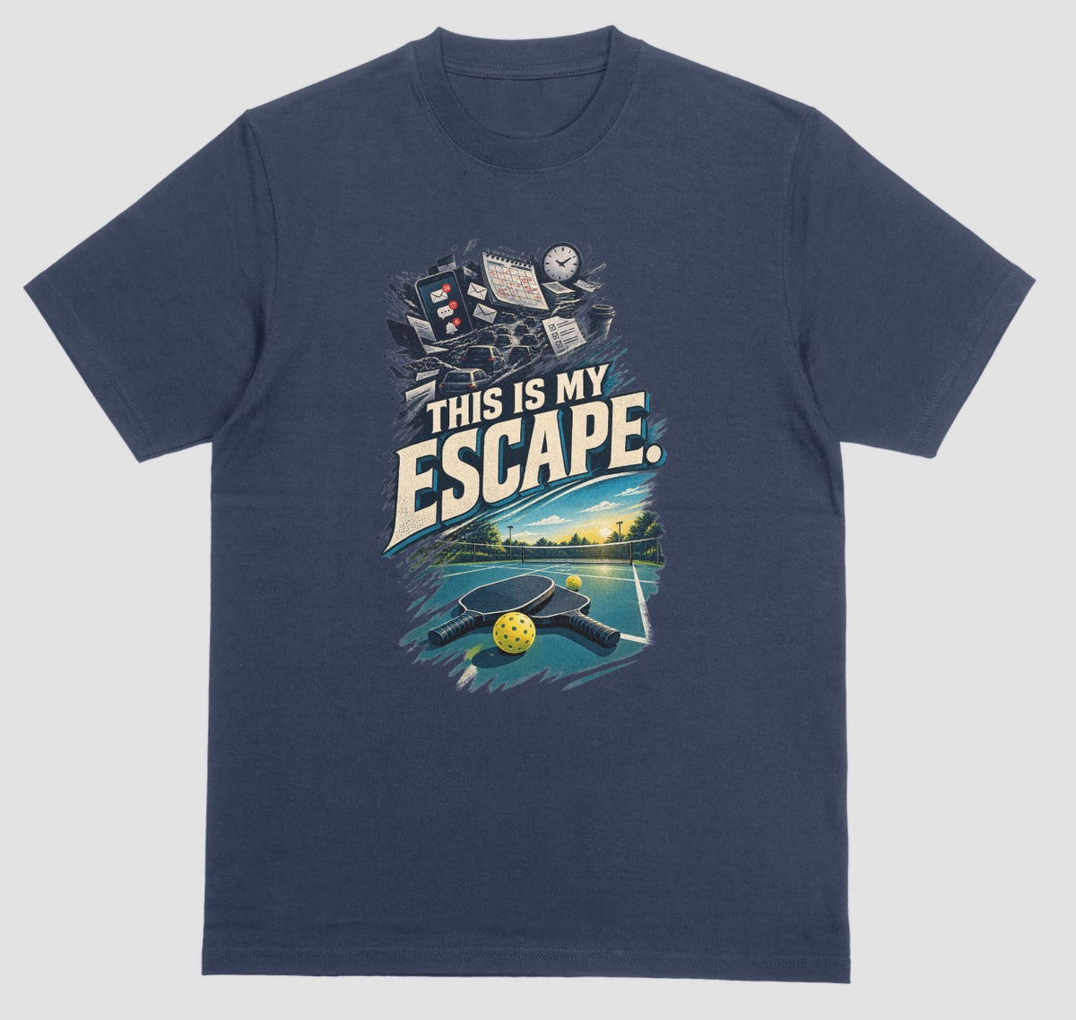 A navy blue Pickleball lover shirt with a desk and Pickleball Paddle design that says This Is My Escape