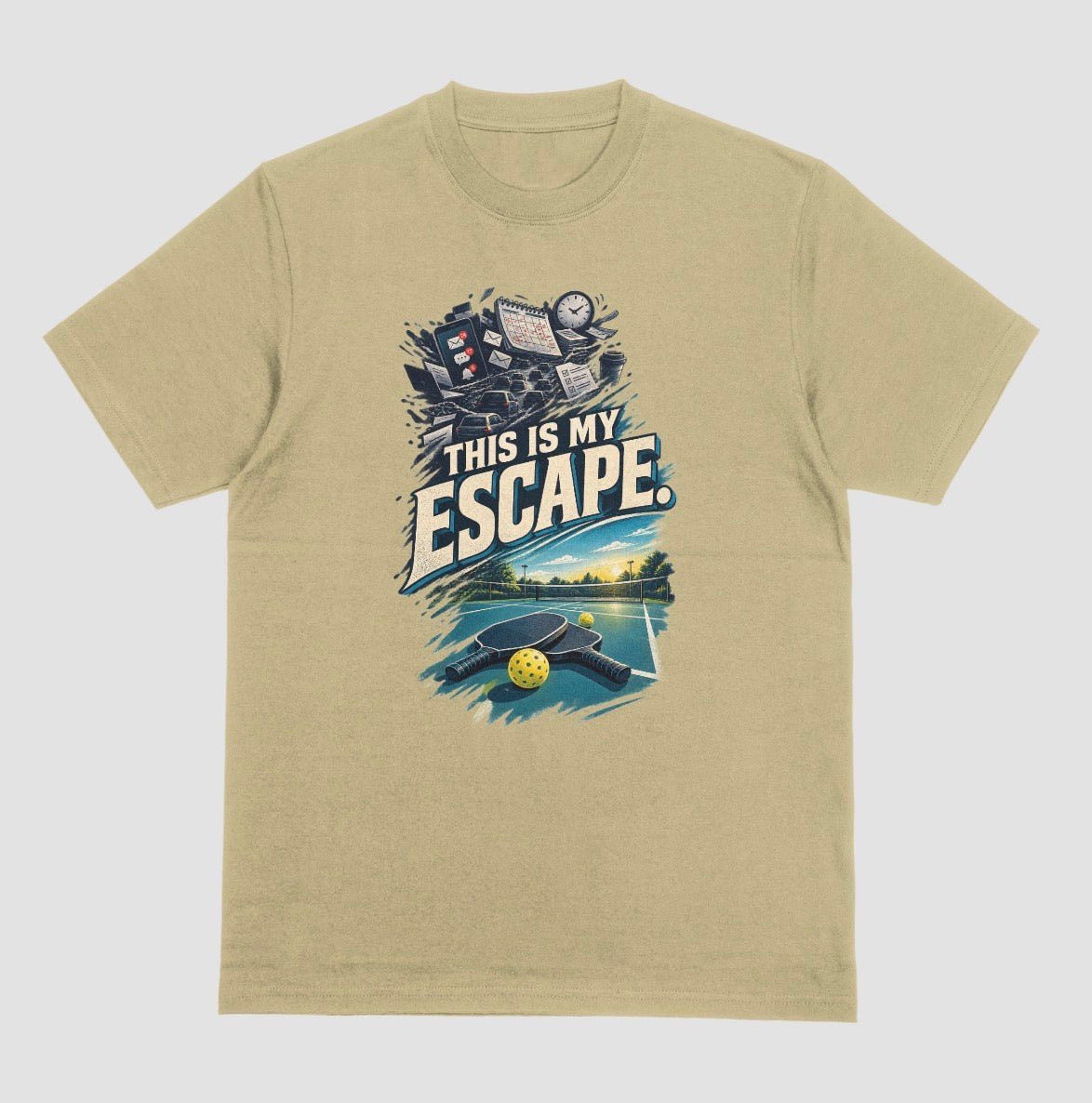 A sand color Pickleball lover shirt with a desk and Pickleball Paddle design that says This Is My Escape