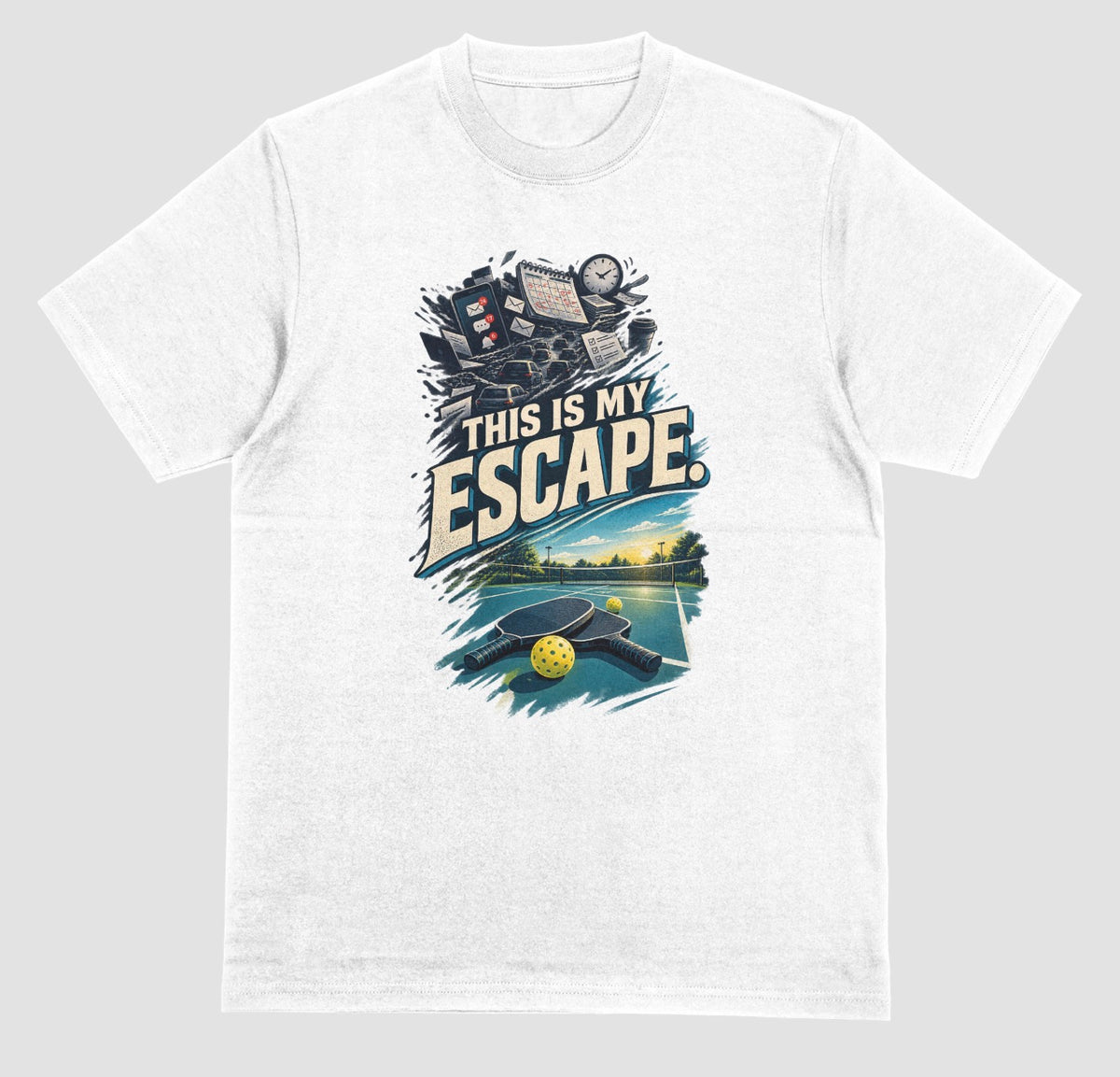 A white Pickleball lover shirt with a desk and Pickleball Paddle design that says This Is My Escape