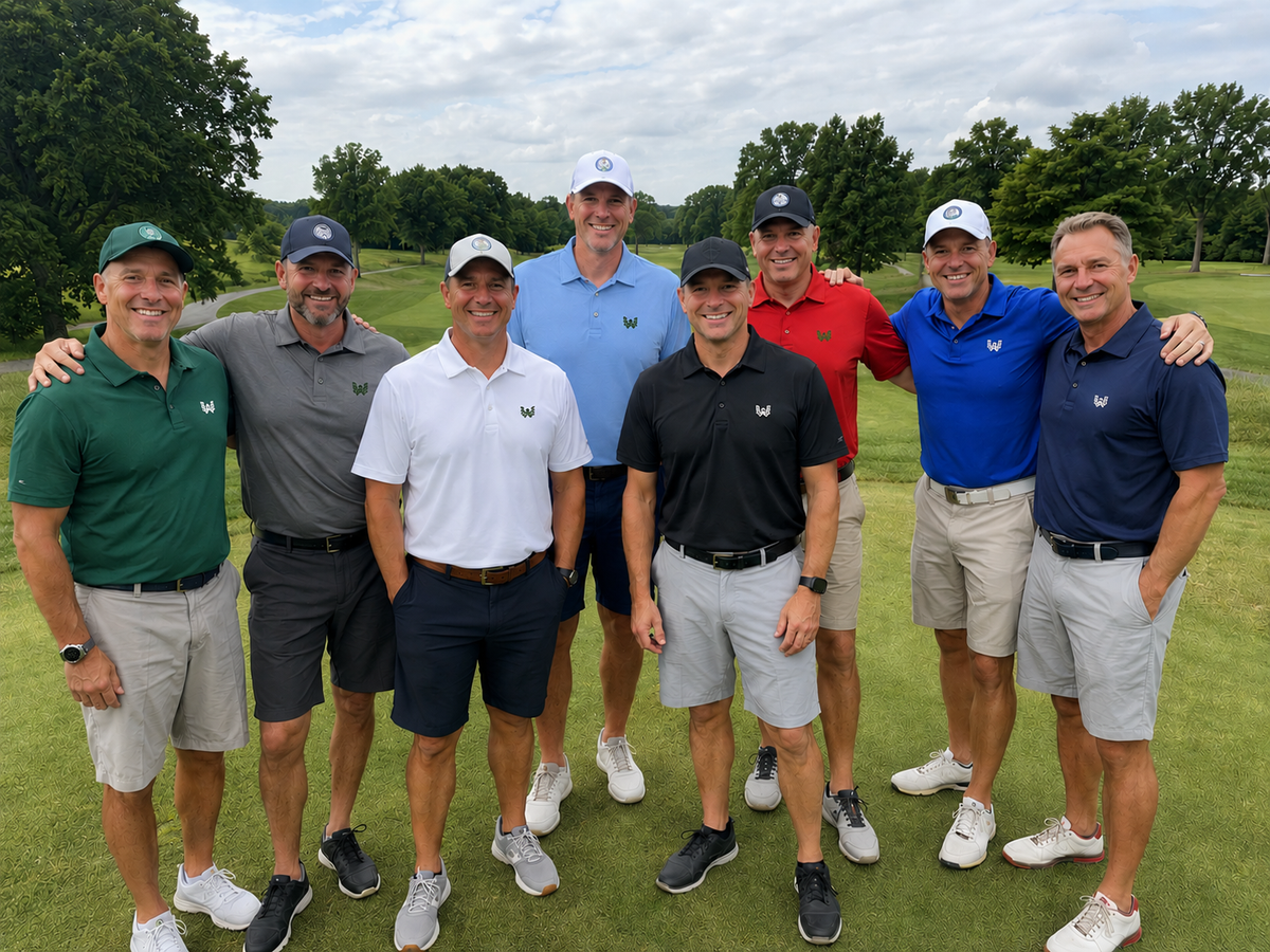 Eight men posing together on a golf course, wearing matching Performance Polo featuring the Where We Play Apparel “W” logo printed on the left chest in various colors including green, gray, white, black, red, blue, and navy, paired with khaki shorts and golf shoes.